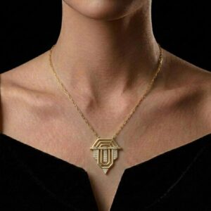 geometrische halskette gold kaufen – art deco anhänger mit zirkonia, vergoldet, nickelfrei